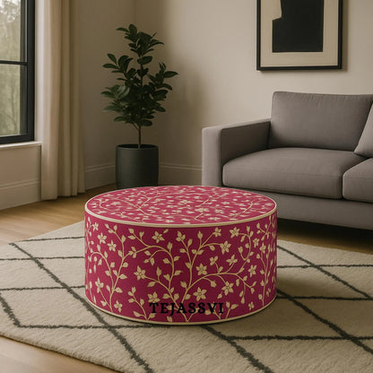 BONE Inlay Round Coffee Table / Centre Table, Bone Inlay Floral Round Coffee Table Handmade Bone Inlay Modern Pattern Furniture
