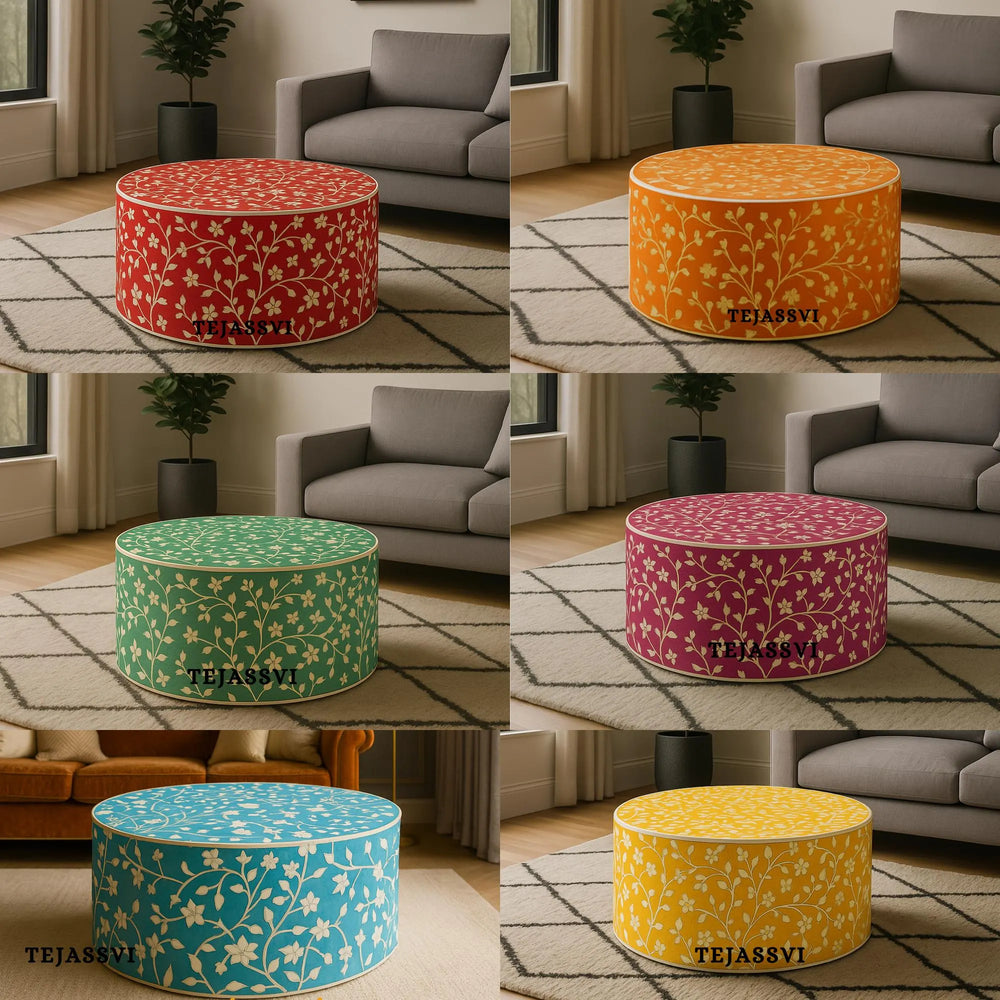 Bone Inlay Round Coffee Table / Centre Table/  Bone Inlay Floral Round Coffee Table / Handmade Bone Inlay Modern Pattern Furniture.
