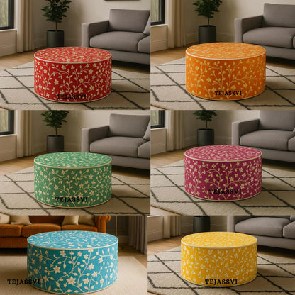 BONE Inlay Round Coffee Table / Centre Table, Bone Inlay Floral Round Coffee Table Handmade Bone Inlay Modern Pattern Furniture