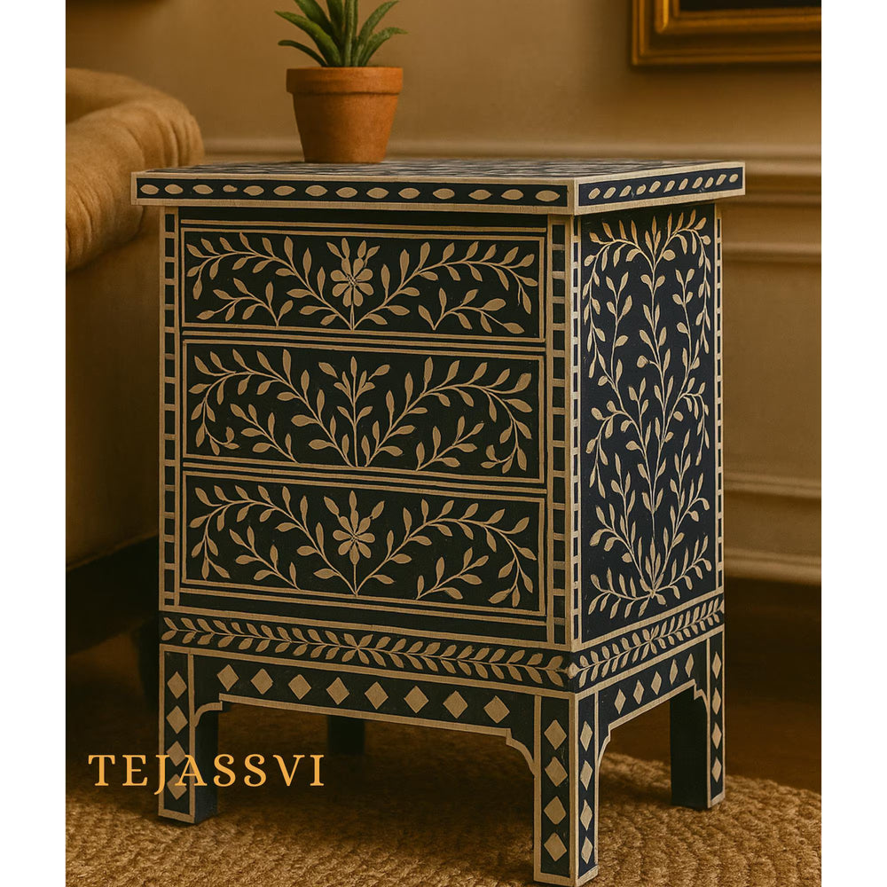 Bone Inlay 3-Drawer Nightstand for Bedroom | Handmade Bone Inlay Lamp Side Table / Bedside Table / Chest of 3-Drawer Bone Inlay furniture.