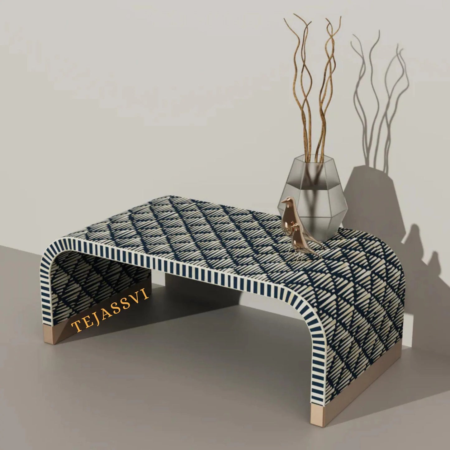 Wood Inlay Waterfall Coffee Table / Laptop Table, Wood Inlay Floral Waterfall Coffee Table Handmade Wood Inlay Modern Pattern Furniture