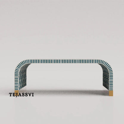 Wood Inlay Waterfall Coffee Table / Laptop Table, Wood Inlay Floral Waterfall Coffee Table Handmade Wood Inlay Modern Pattern Furniture