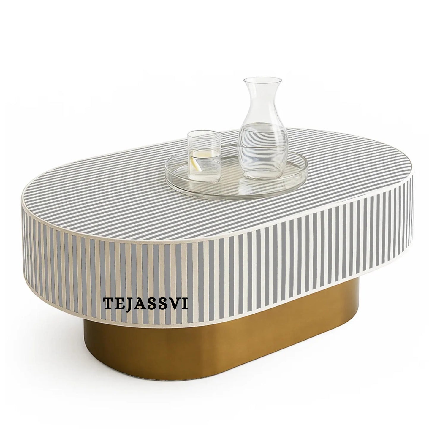 Bone Inlay Oval Coffee Table / Centre Table, bone Oval Coffee Table Handmade Mother of pearl Inlay Modern Pattern Furniture.