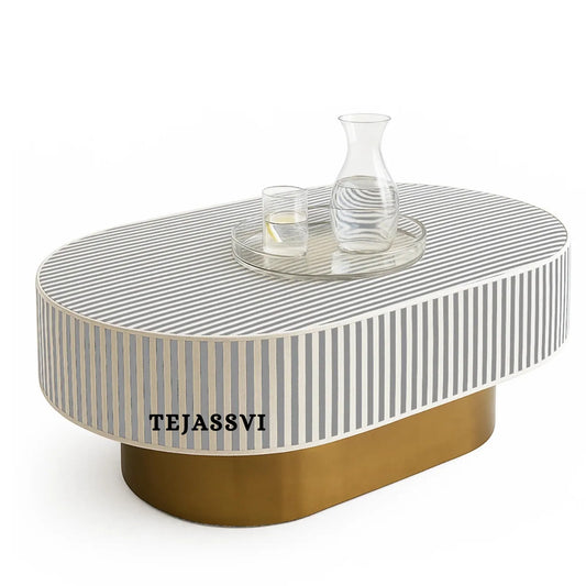 Bone Inlay Oval Coffee Table / Centre Table, bone Oval Coffee Table Handmade Mother of pearl Inlay Modern Pattern Furniture.