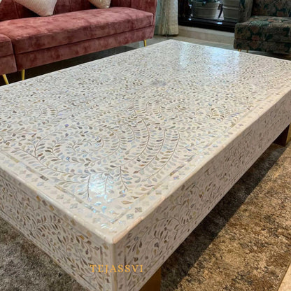 Bone Inlay Oval Coffee Table / Centre Table, bone Oval Coffee Table Handmade Mother of pearl Inlay Modern Pattern Furniture.
