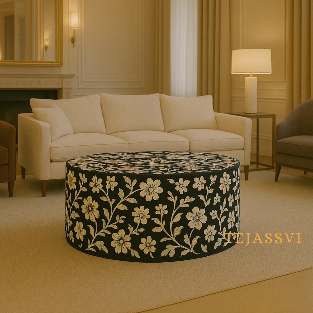 Wooden Bone Inlay Floral Pettern Round Coffee Table / Round Centre Table / Bone Inlay Round Coffee Table / Handmade Bone Inlay Modern Pattern Furniture.