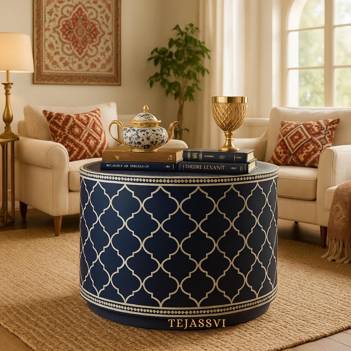 BONE Inlay Round Coffee Table / Centre Table, Bone Inlay Stripped Round Coffee Table Handmade Bone Inlay Modern Pattern Furniture