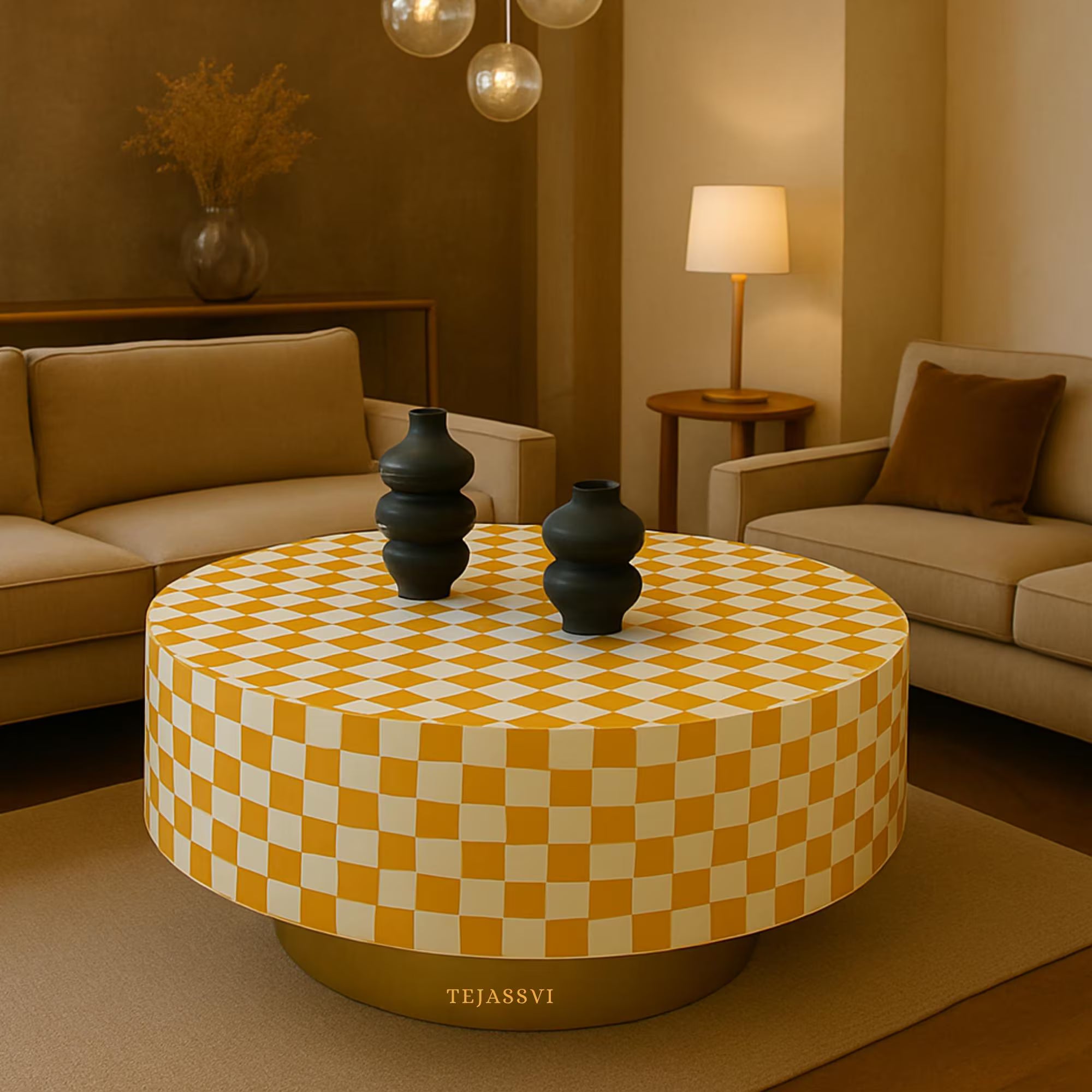 Bone Inlay Round Coffee Table / Round Centre Table / Bone Inlay Stripped Round Coffee Table / Handmade Bone Inlay Modern Pattern Furniture.