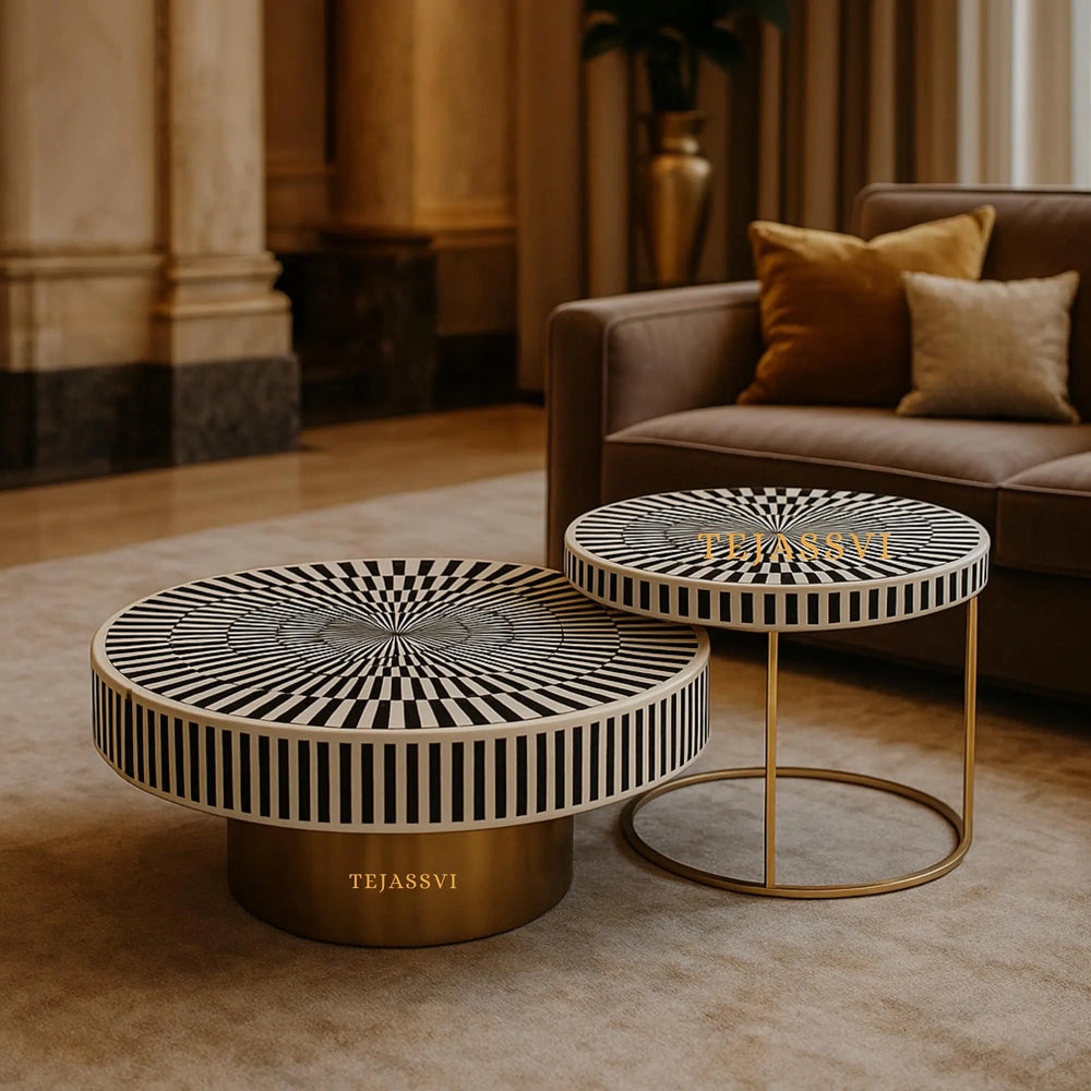 Bone Inlay Nesting Coffee Table: Black & White Waterfall Design/bone inlay round coffee table /bone inlay luxury furniture.
