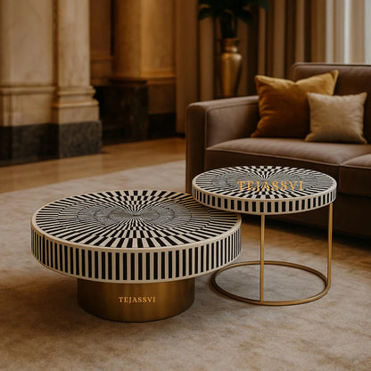 Bone Inlay Nesting Coffee Table: Black & White Waterfall Design/bone inlay round coffee table /bone inlay luxury furniture.