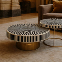 Bone Inlay Nesting Coffee Table: Black & White Waterfall Design/bone inlay round coffee table /bone inlay luxury furniture.
