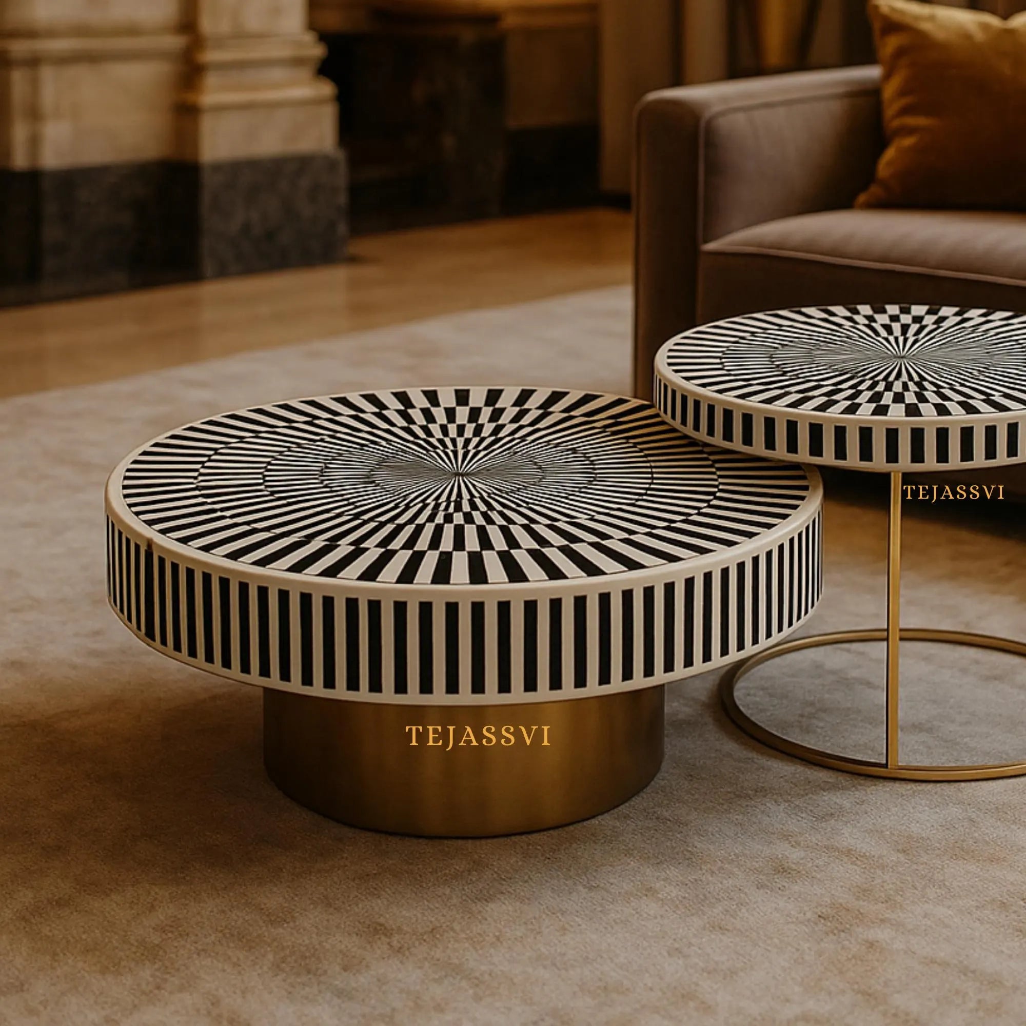 Bone Inlay Nesting Coffee Table: Black & White Waterfall Design/bone inlay round coffee table /bone inlay luxury furniture.