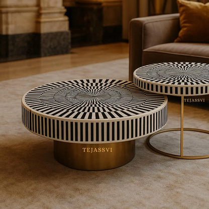 Bone Inlay Nesting Coffee Table: Black & White Waterfall Design/bone inlay round coffee table /bone inlay luxury furniture.