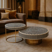 Bone Inlay Nesting Coffee Table: Black & White Waterfall Design/bone inlay round coffee table /bone inlay luxury furniture.