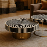 Bone Inlay Nesting Coffee Table: Black & White Waterfall Design/bone inlay round coffee table /bone inlay luxury furniture.