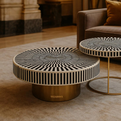 Bone Inlay Nesting Coffee Table: Black & White Waterfall Design/bone inlay round coffee table /bone inlay luxury furniture.