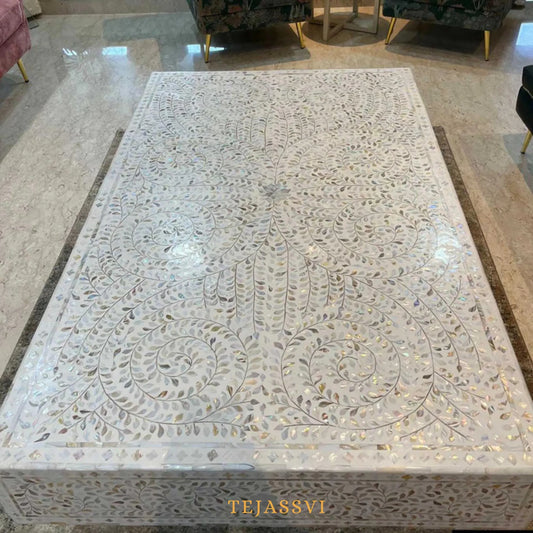 Bone Inlay Oval Coffee Table / Centre Table, bone Oval Coffee Table Handmade Mother of pearl Inlay Modern Pattern Furniture.