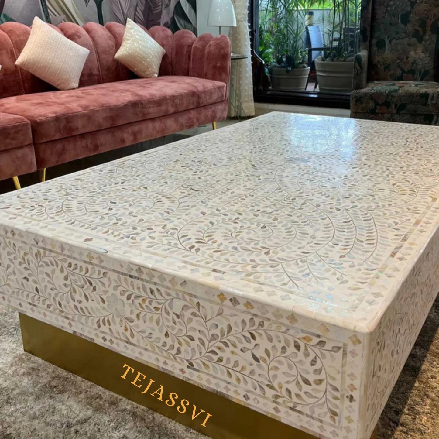 Bone Inlay Oval Coffee Table / Centre Table, bone Oval Coffee Table Handmade Mother of pearl Inlay Modern Pattern Furniture.