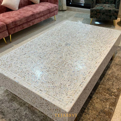 Bone Inlay Oval Coffee Table / Centre Table, bone Oval Coffee Table Handmade Mother of pearl Inlay Modern Pattern Furniture.