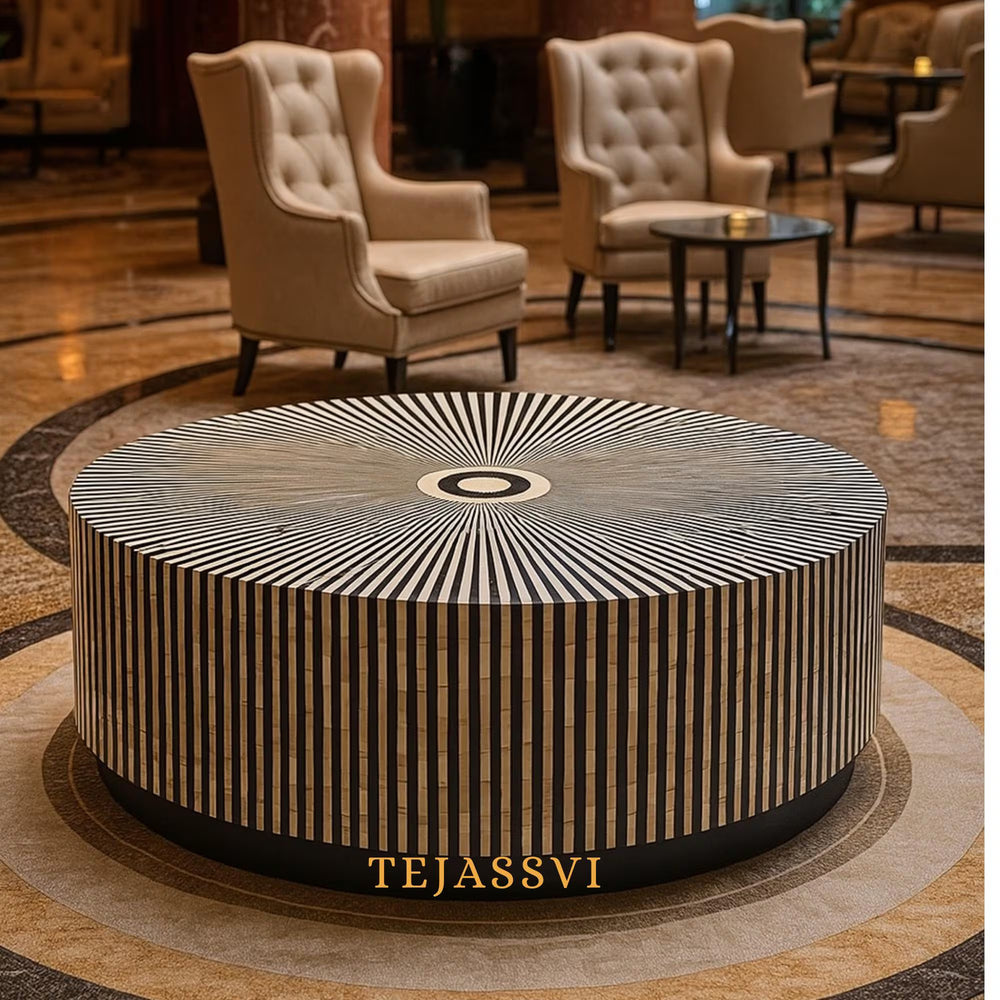 Bone Inlay Round Coffee Table / Round Centre Table / Bone Inlay Stripped Round Coffee Table / Handmade Bone Inlay Modern Pattern Furniture.