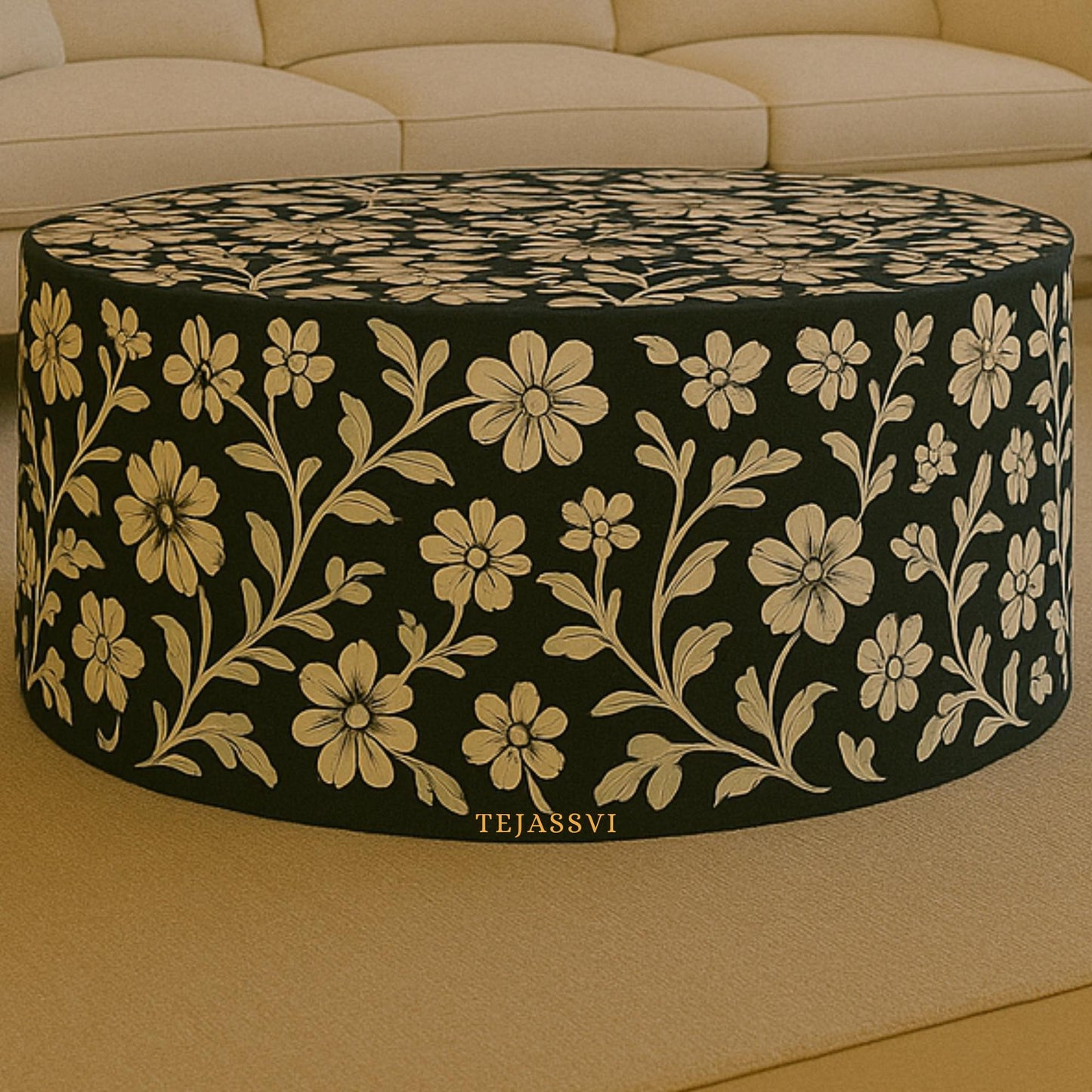 BONE Inlay Round Coffee Table / Centre Table, Bone Inlay Stripped Round Coffee Table Handmade Bone Inlay Modern Pattern Furniture