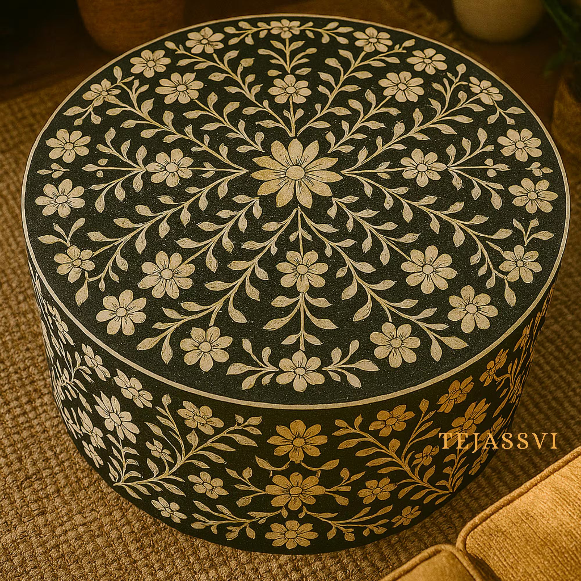 Wooden Bone Inlay Floral Pettern Round Coffee Table / Round Centre Table / Bone Inlay Round Coffee Table / Handmade Bone Inlay Modern Pattern Furniture.