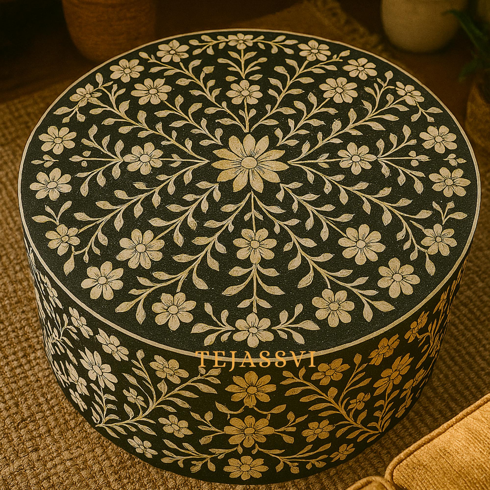 Wooden Bone Inlay Floral Pettern Round Coffee Table / Round Centre Table / Bone Inlay Round Coffee Table / Handmade Bone Inlay Modern Pattern Furniture.