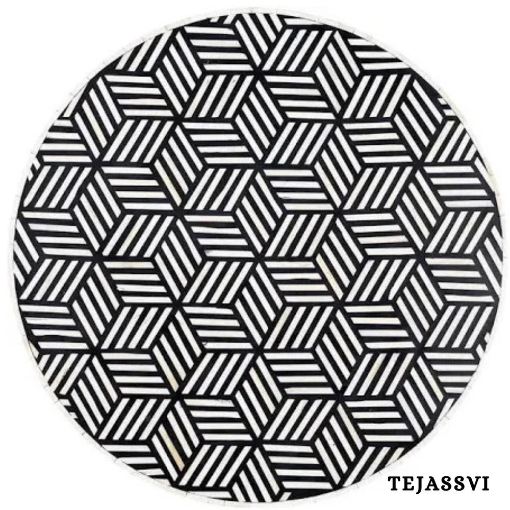 Bone Inlay Round Coffee Table / Round Centre Table / Bone Inlay Stripped Round Coffee Table / Handmade Bone Inlay Modern Pattern Furniture.