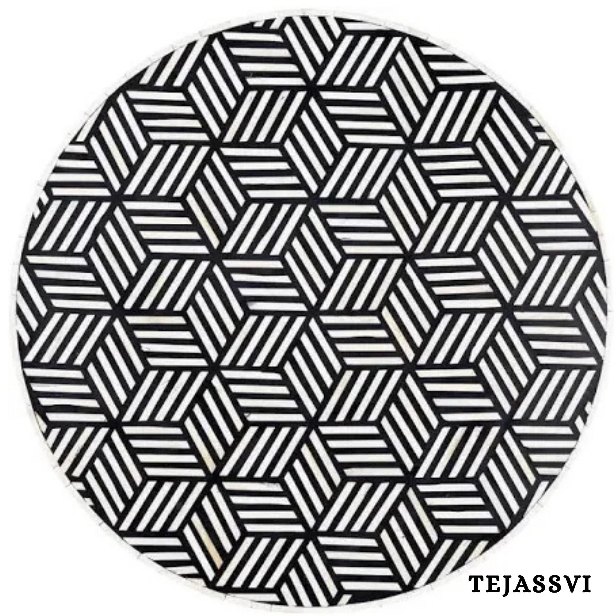 Bone Inlay Round Coffee Table / Round Centre Table / Bone Inlay Stripped Round Coffee Table / Handmade Bone Inlay Modern Pattern Furniture.