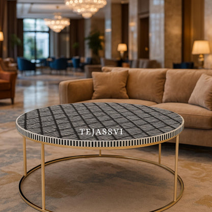 BONE Inlay Round Coffee Table / Centre Table, Bone Inlay Stripped Round Coffee Table Handmade Bone Inlay Modern Pattern Furniture