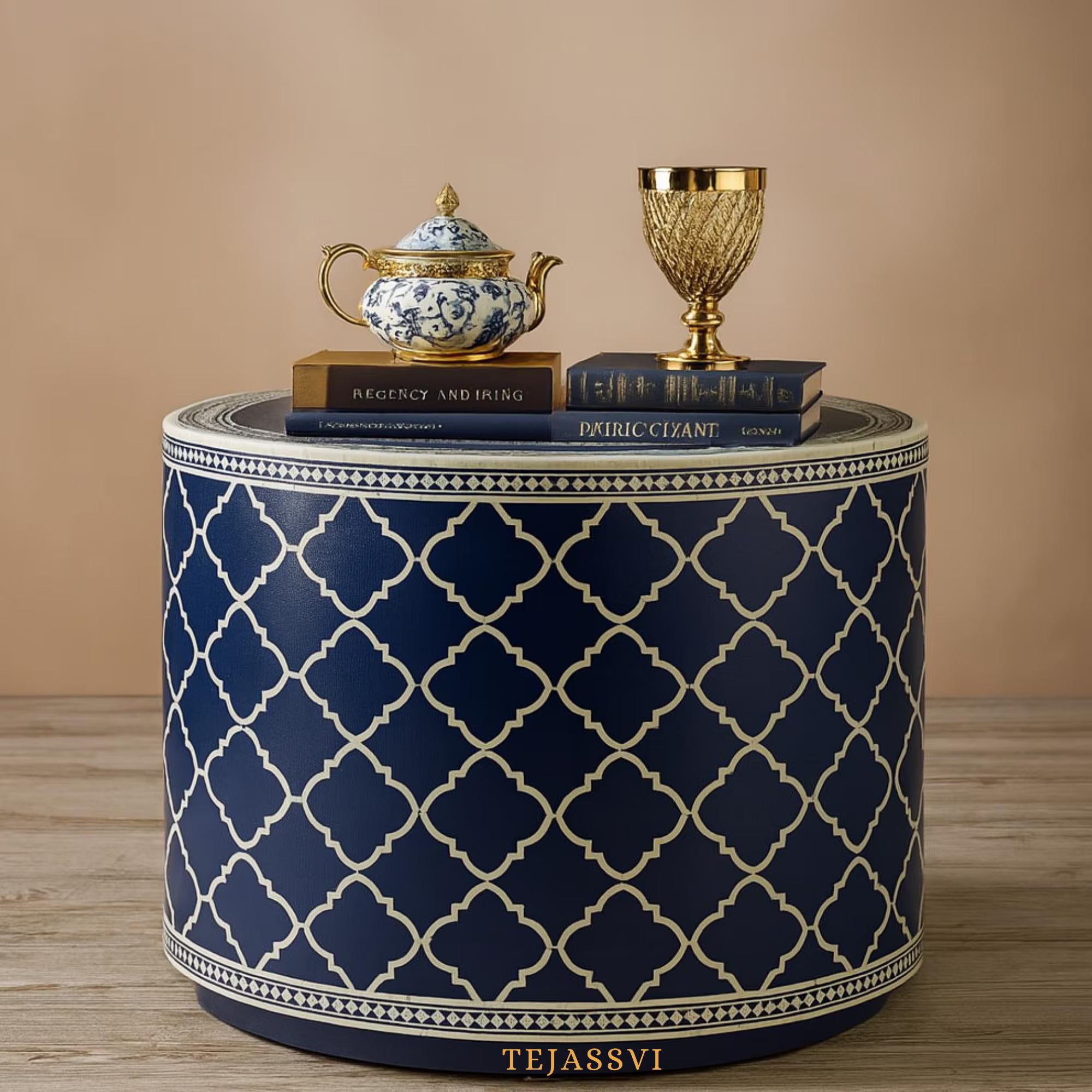 Bone Inlay Round Coffee Table / Centre Table / Bone Inlay Stripped Round Coffee Table / Handmade Bone Inlay Modern Pattern Furniture..