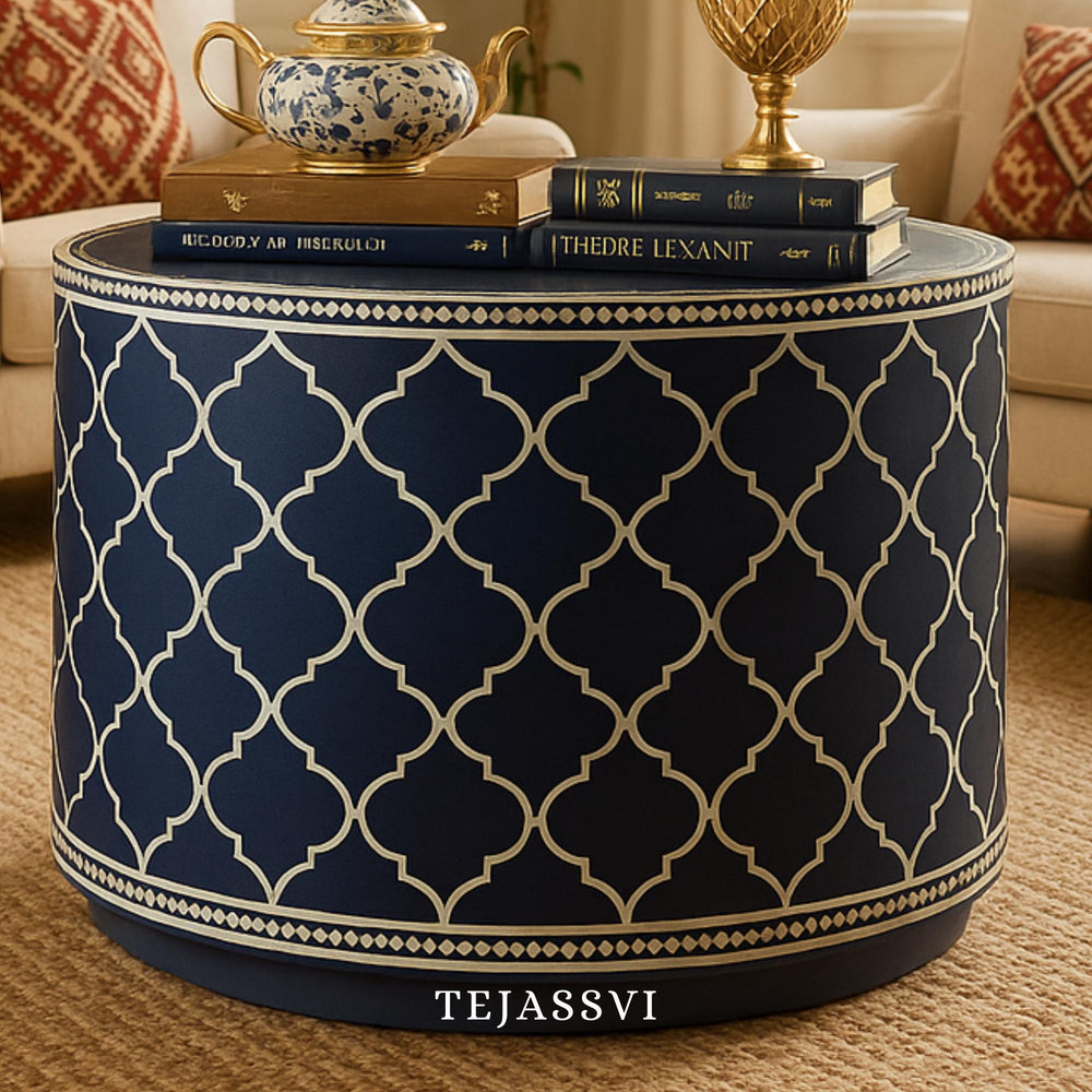 Bone Inlay Round Coffee Table / Centre Table / Bone Inlay Stripped Round Coffee Table / Handmade Bone Inlay Modern Pattern Furniture..