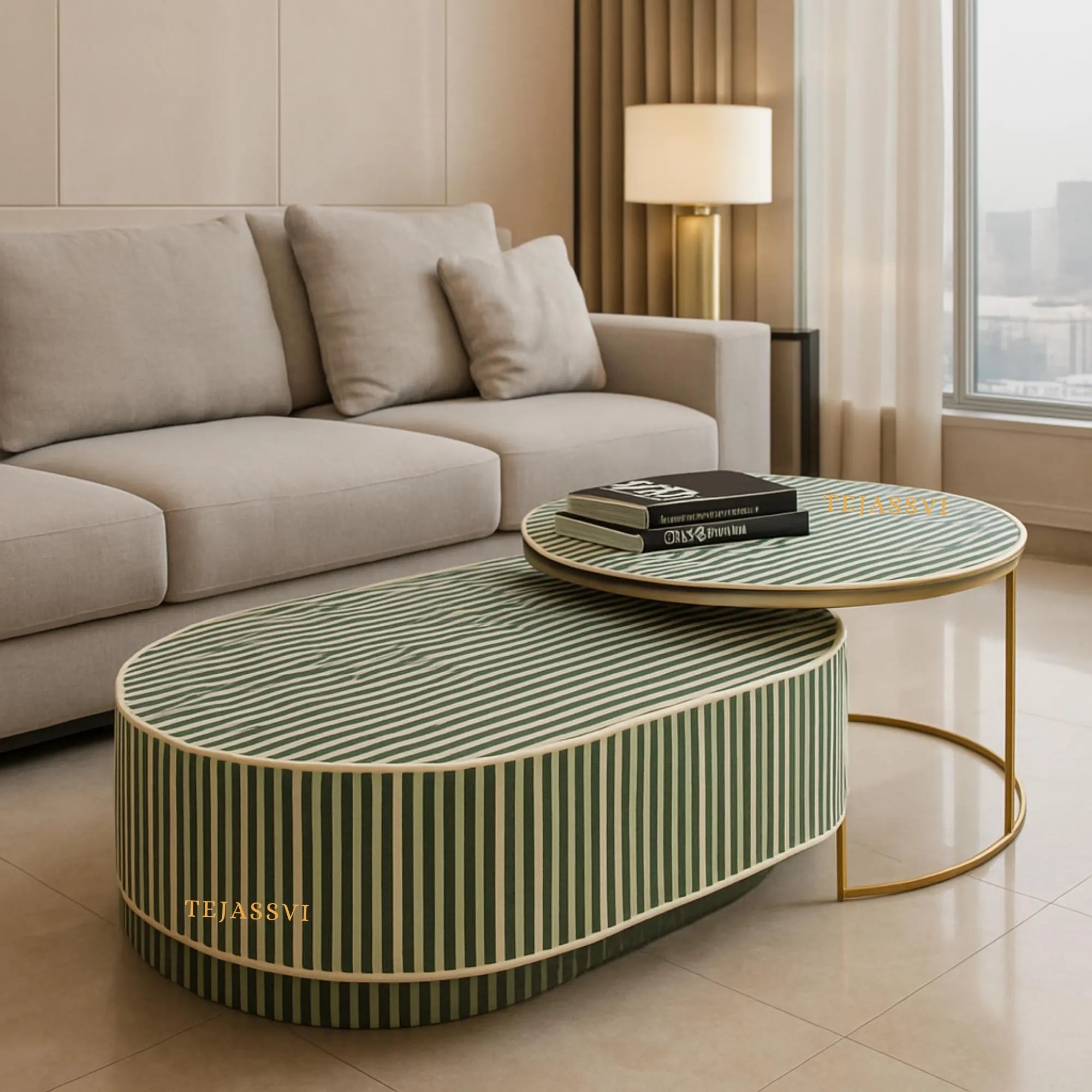 Bone Inlay Nesting Coffee Table: Handmade Waterfall Center Table/wooden coffee table / bone inlay furniture.