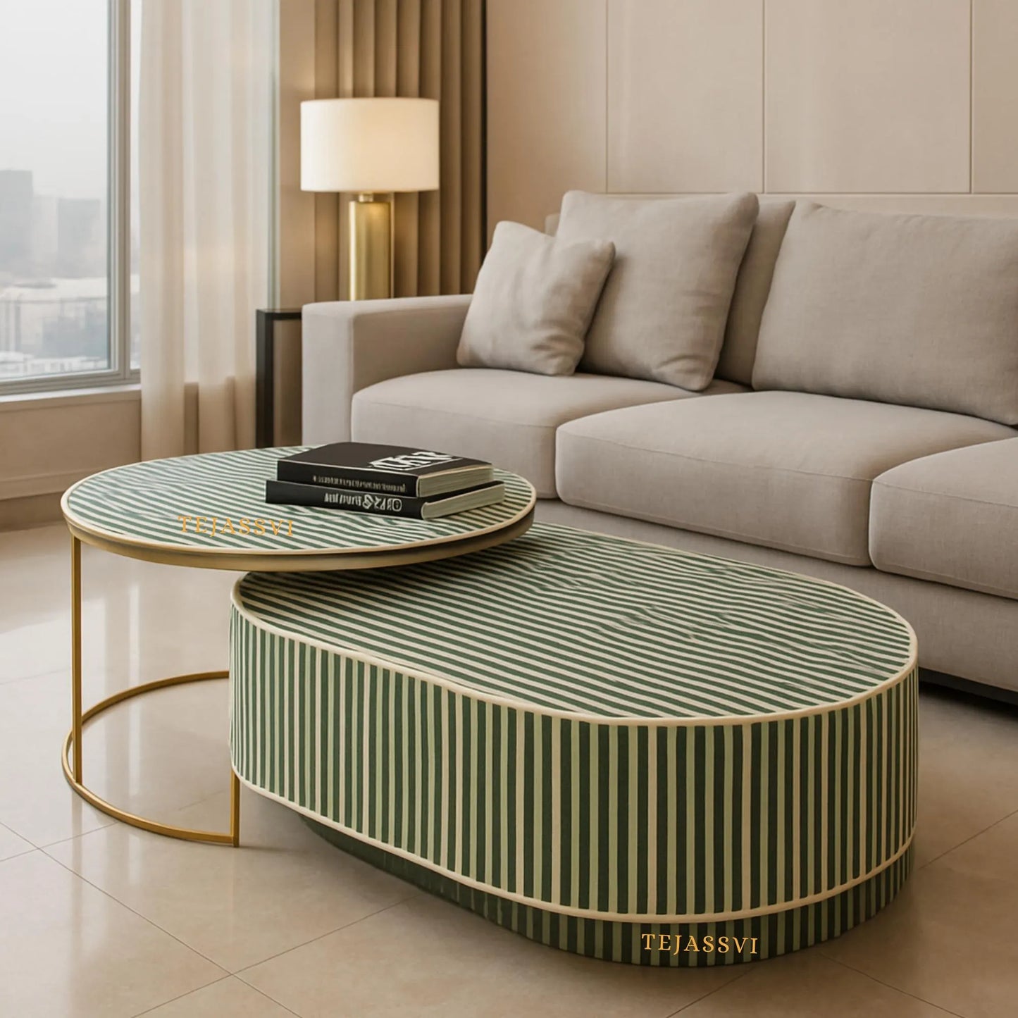 Bone Inlay Nesting Coffee Table: Handmade Waterfall Center Table/wooden coffee table / bone inlay furniture.