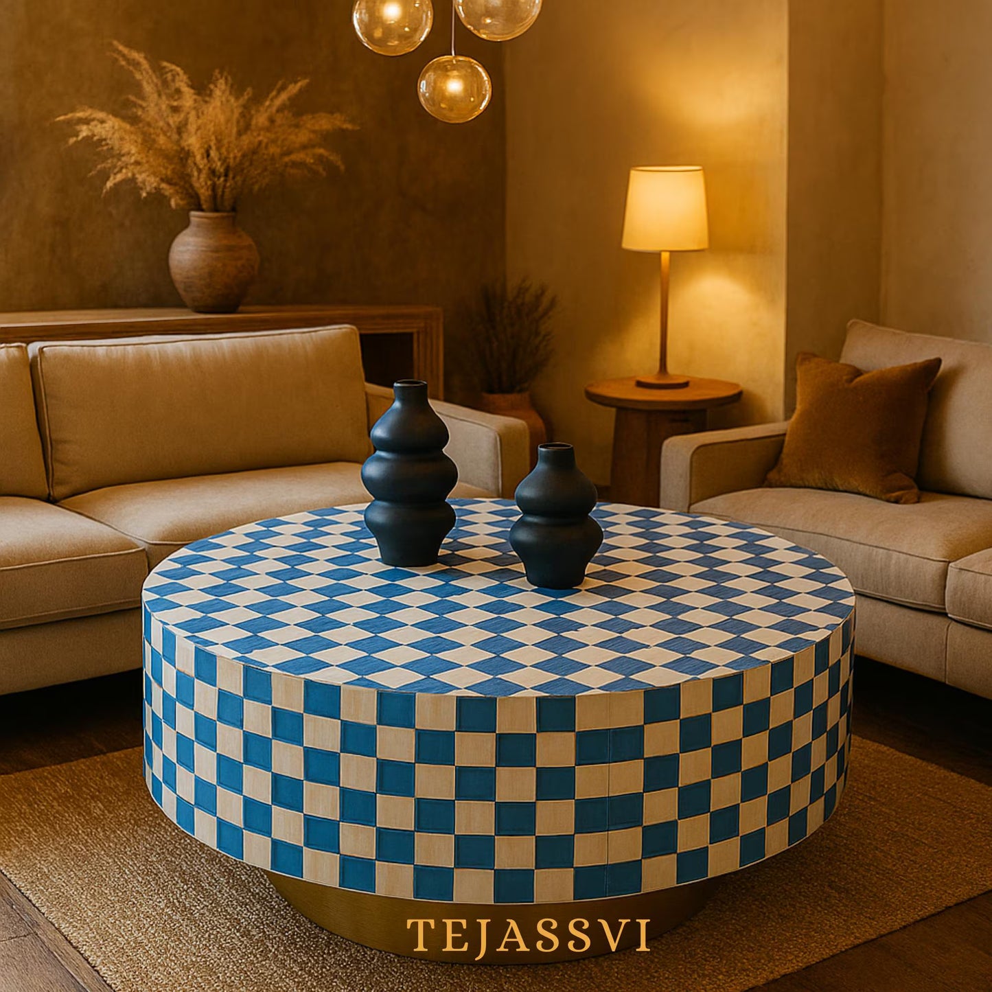 BONE Inlay Round Coffee Table / Centre Table, Bone Inlay Stripped Round Coffee Table Handmade Bone Inlay Modern Pattern Furniture