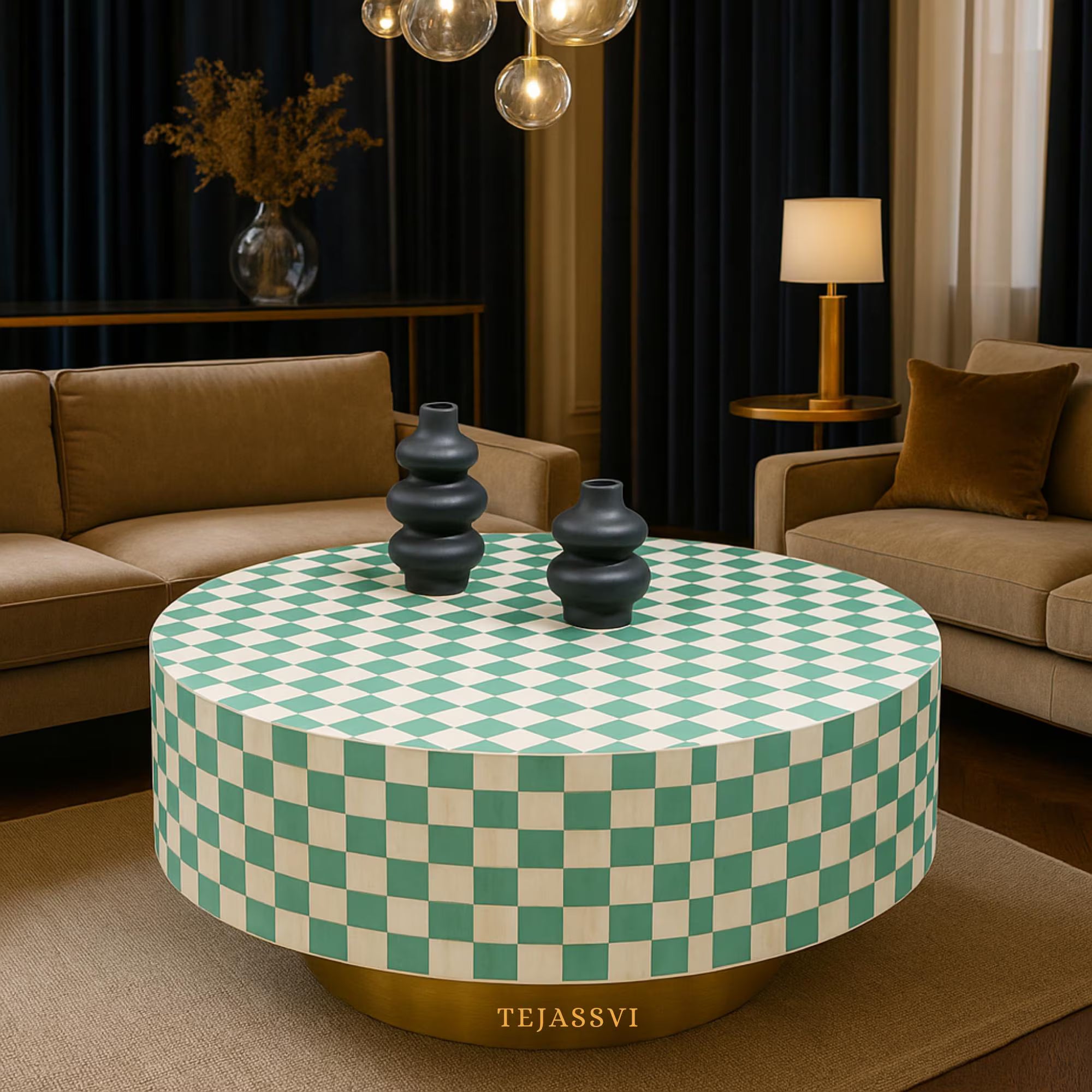 Bone Inlay Round Coffee Table / Round Centre Table / Bone Inlay Stripped Round Coffee Table / Handmade Bone Inlay Modern Pattern Furniture.