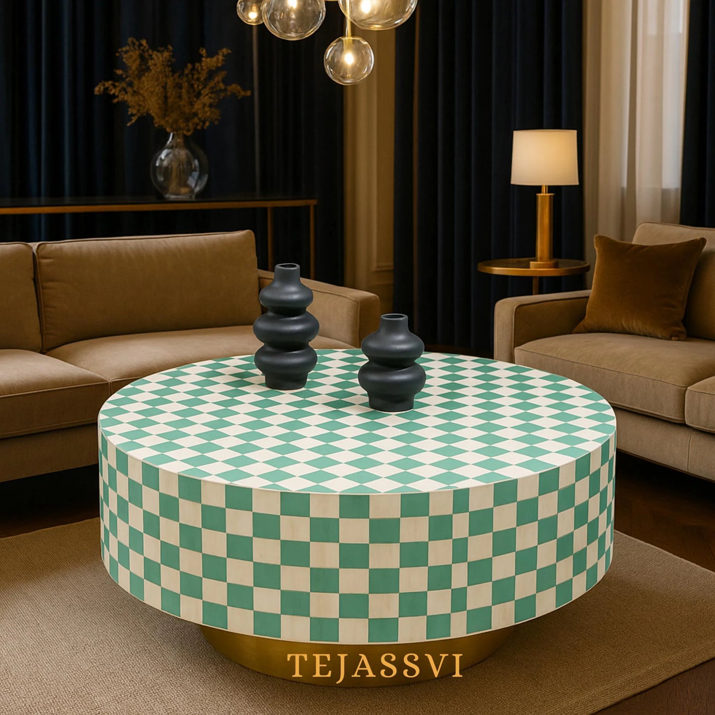 BONE Inlay Round Coffee Table / Centre Table, Bone Inlay Stripped Round Coffee Table Handmade Bone Inlay Modern Pattern Furniture