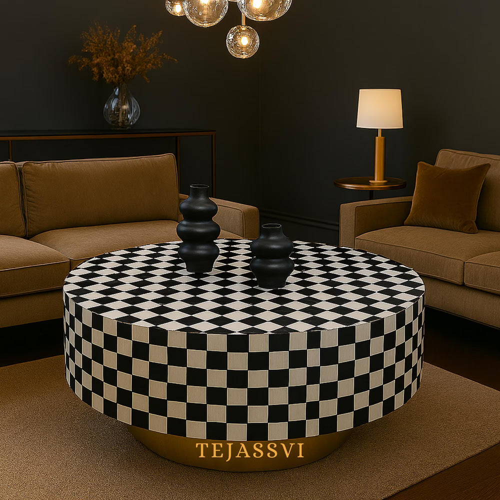 Bone Inlay Round Coffee Table / Round Centre Table / Bone Inlay Stripped Round Coffee Table / Handmade Bone Inlay Modern Pattern Furniture.