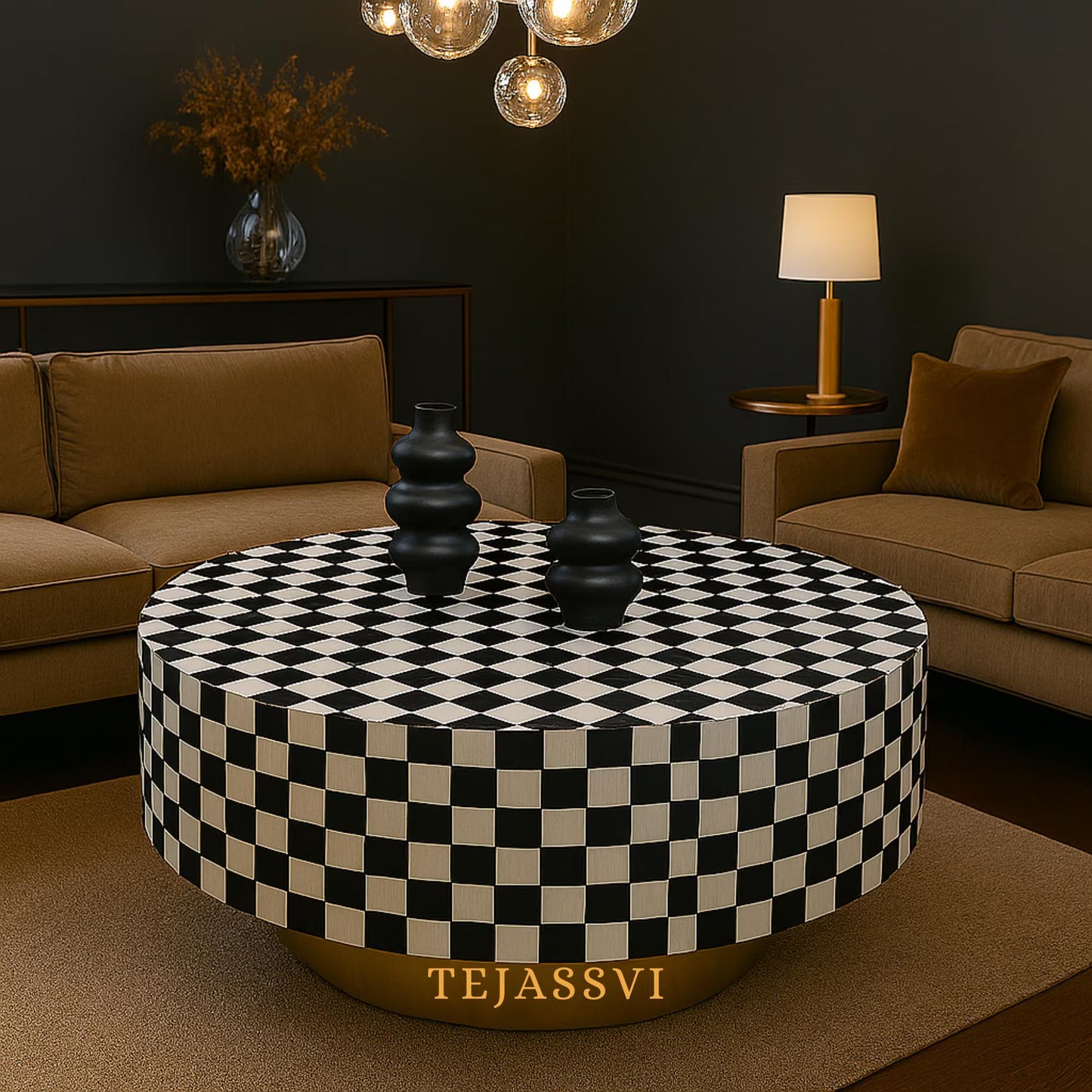 BONE Inlay Round Coffee Table / Centre Table, Bone Inlay Stripped Round Coffee Table Handmade Bone Inlay Modern Pattern Furniture