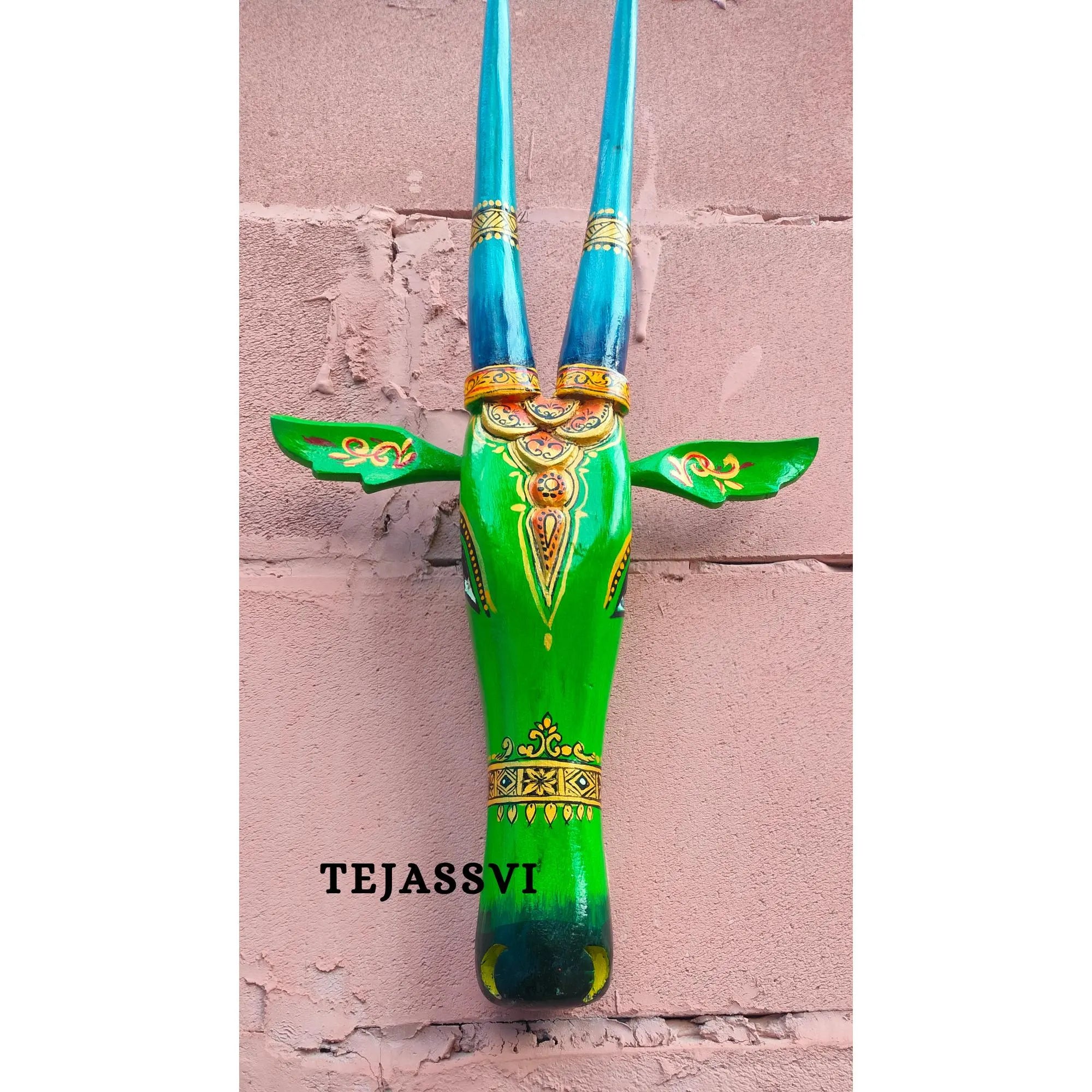 Wooden Cow Head 18 Inch Nandi Mask Green Wall Décor Ethnic Art for Décor