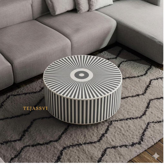 Handmade Bone Inlay Gray Color Coffee Table: Strip Design Center Table /coffee table /bone inlay coffee table /Round coffee table Gray color