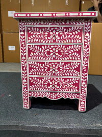 Bone Inlay 4-Drawer Nightstand in Pink Color | Handmade Bone Inlay Lamp Side Table | Bone Inlay Bedside Table Chest of 4-Drawer | Bone Inlay furniture.