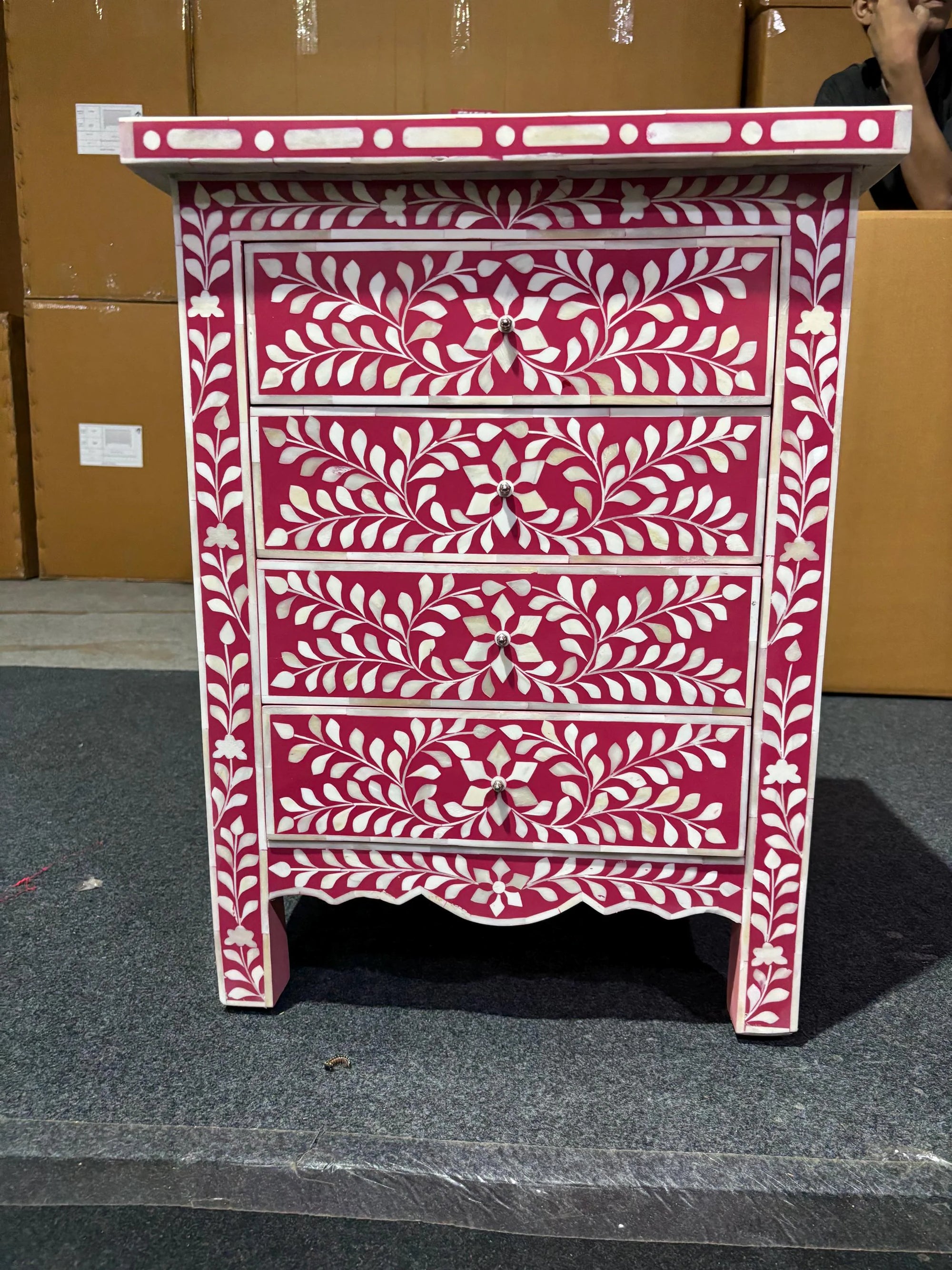 Bone Inlay 4-Drawer Nightstand in Pink Color | Handmade Bone Inlay Lamp Side Table | Bone Inlay Bedside Table Chest of 4-Drawer | Bone Inlay furniture.