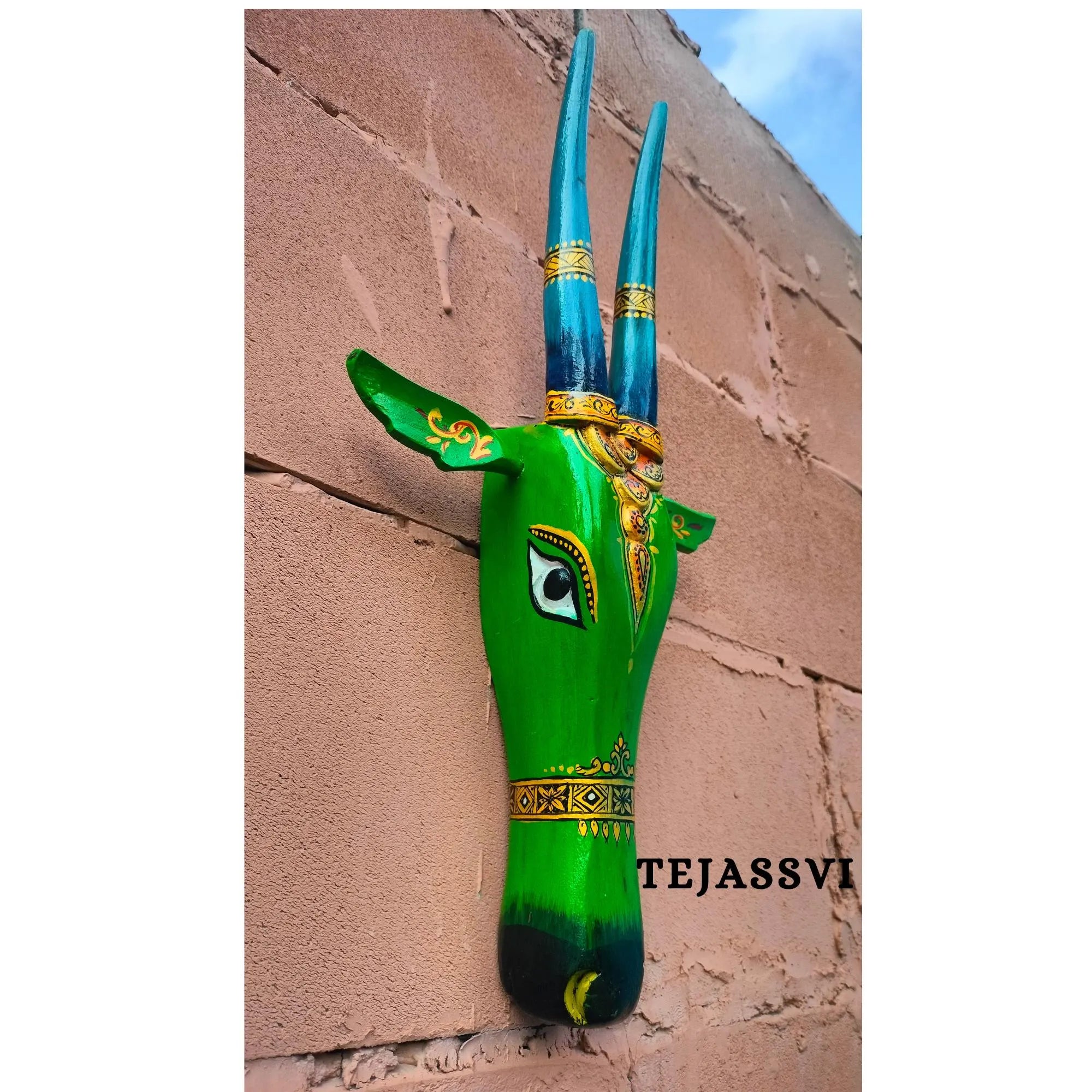Wooden Cow Head 18 Inch Nandi Mask Green Wall Décor Ethnic Art for Décor