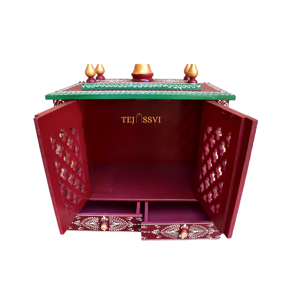 Wooden Temple Pooja Mandir with Door | Buy Wall Hanging Large Wooden Temple this Diwali | Wooden Prayer Room Alter Handmade Brown Pooja Ghar