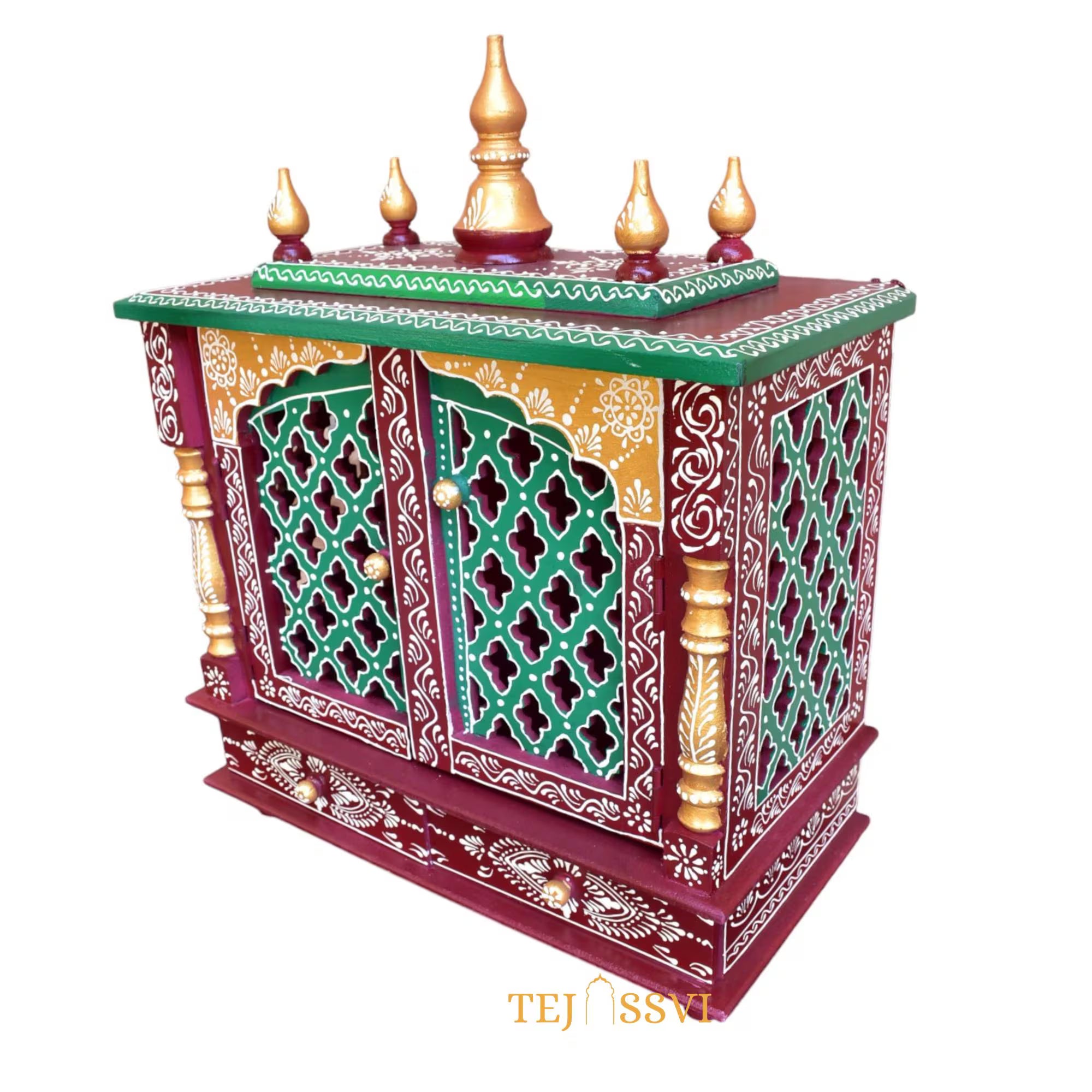 Wooden Temple Pooja Mandir with Door | Buy Wall Hanging Large Wooden Temple this Diwali | Wooden Prayer Room Alter Handmade Brown Pooja Ghar