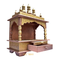 Copper Gold Wooden Open Temple Pooja Mandir | Beautiful Wall Hanging Small Wooden Temple for Home | Wooden Prayer Room, Alter, Pooja Ghar