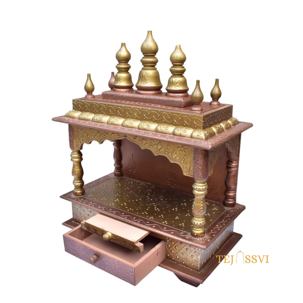 Copper Gold Wooden Open Temple Pooja Mandir | Beautiful Wall Hanging Small Wooden Temple for Home | Wooden Prayer Room, Alter, Pooja Ghar