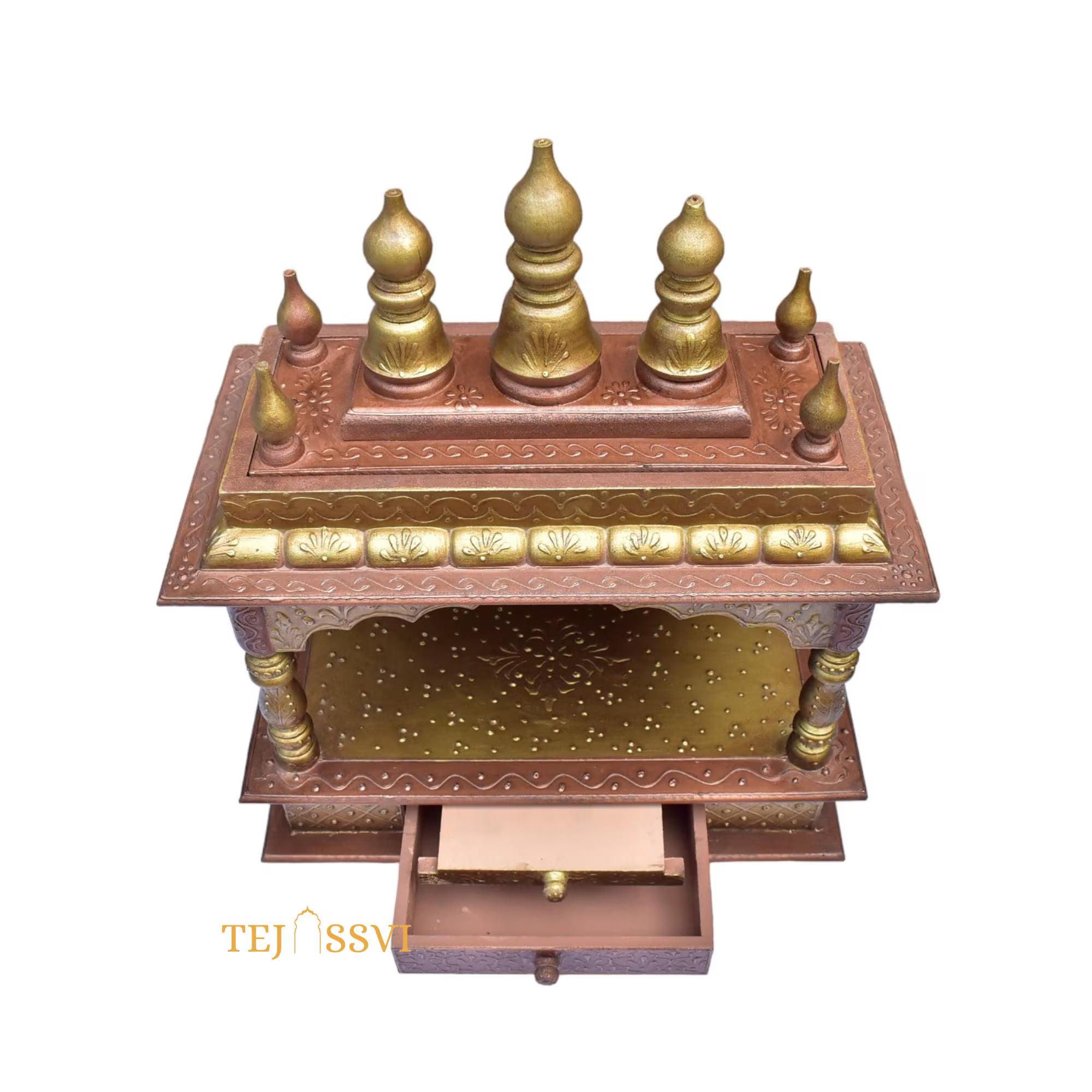 Copper Gold Wooden Open Temple Pooja Mandir | Beautiful Wall Hanging Small Wooden Temple for Home | Wooden Prayer Room, Alter, Pooja Ghar