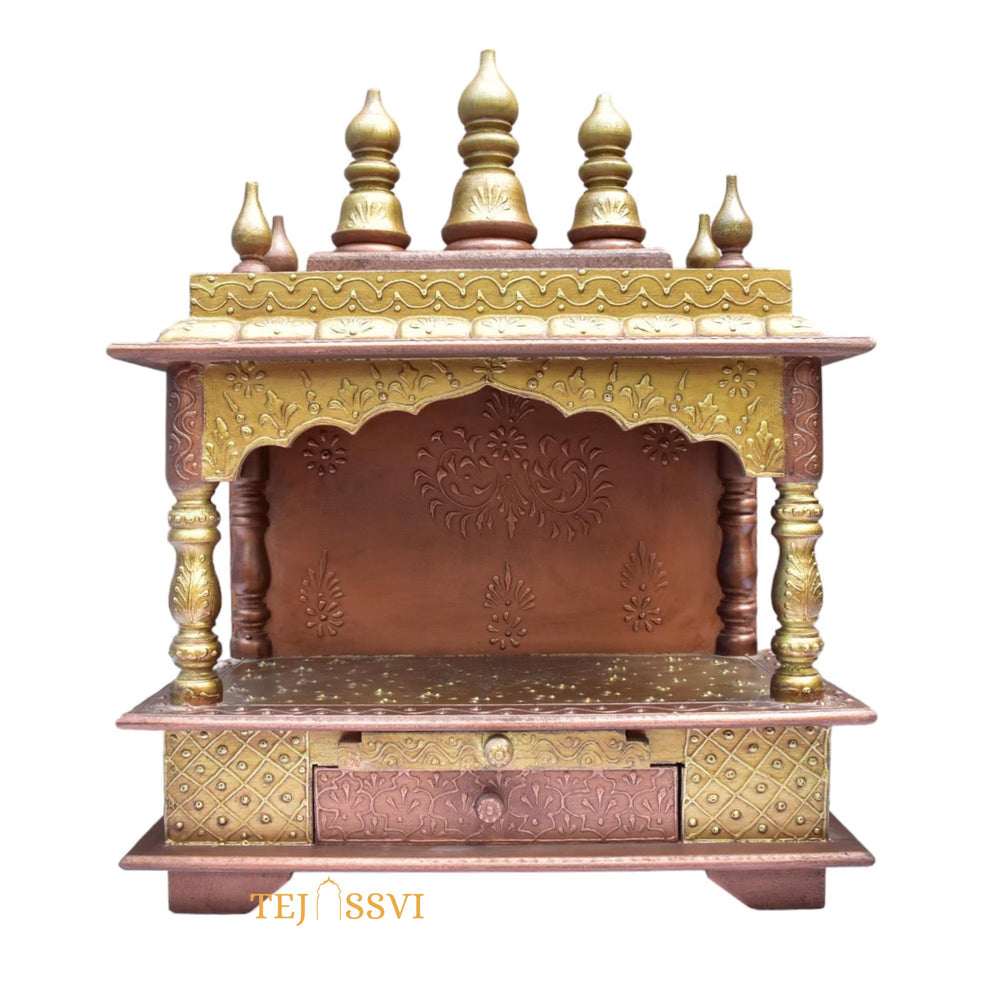 Copper Gold Wooden Open Temple Pooja Mandir | Beautiful Wall Hanging Small Wooden Temple for Home | Wooden Prayer Room, Alter, Pooja Ghar